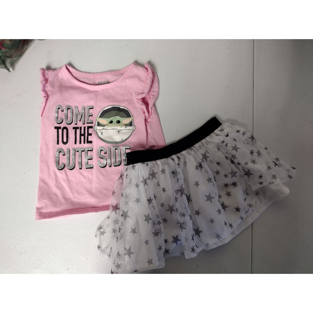 Star Wars Grogu Baby Yoda Pink Flutter Sleeve Tee and Star Tulle Skirt Set 2T